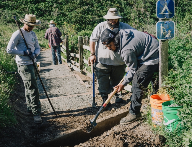 Trail crew at Pinnacle Gulch Trail in Bodega Bay, CA