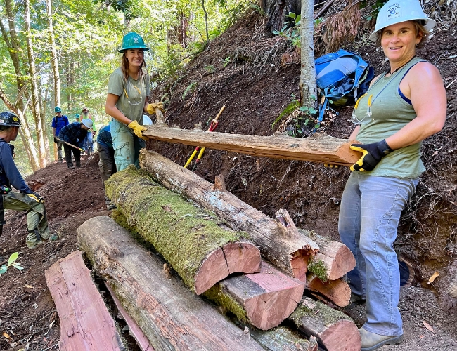 Crew building bridge at Monte Rio Redwoods Regional Park