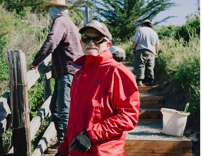 Trail crew member at Pinnacle Gulch Trail in Bodega Bay, CA